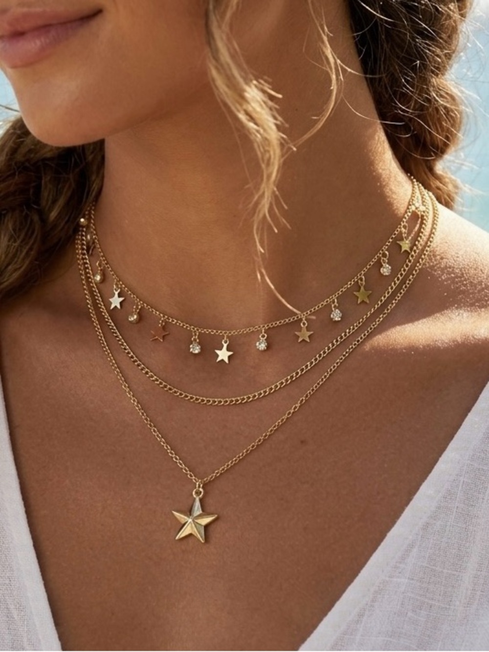 14K Gold Plated Layered Star Charm Necklace Set | Triple Strand Chain Jewelry